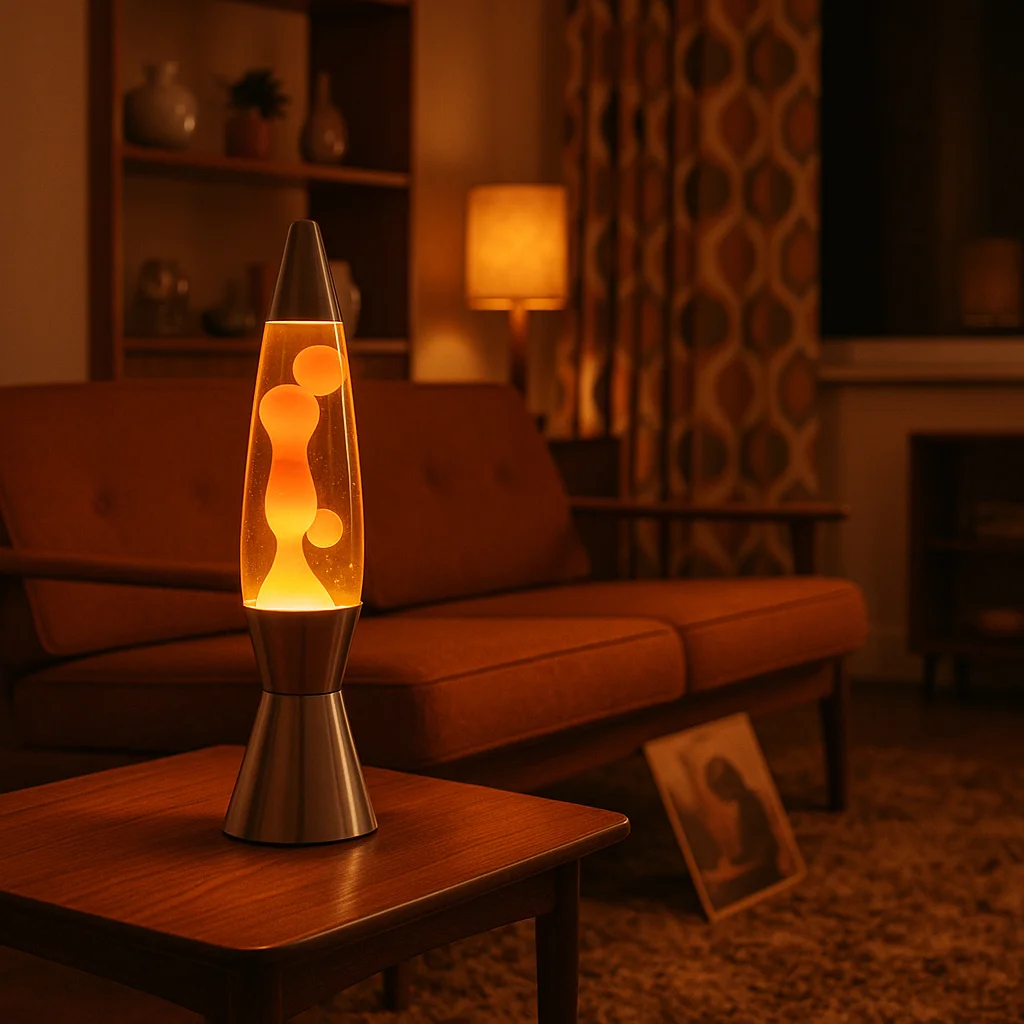 A 1960s living room scene featuring an early Mathmos Astro lamp on a side table, warm amber tones, period furniture