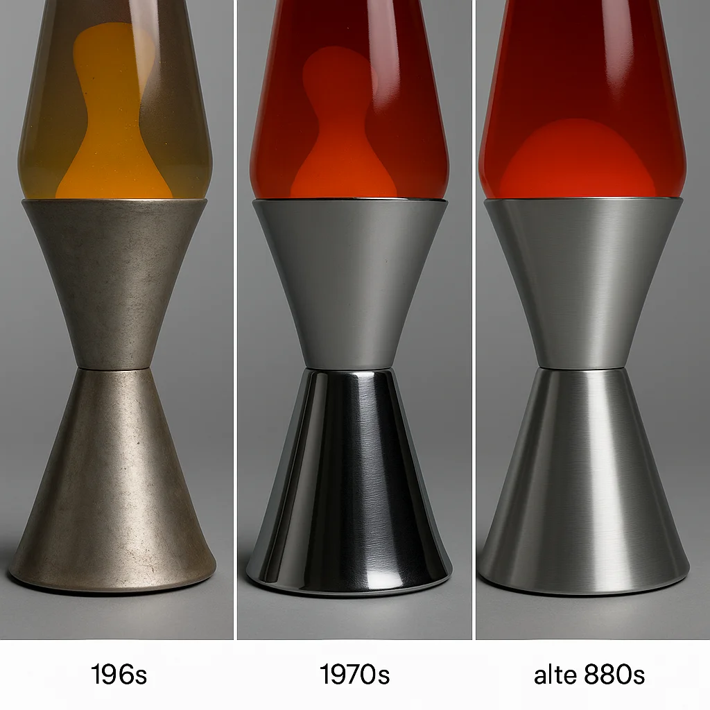 Close-up of base markings and cap profiles from three different Mathmos production eras arranged side by side for comparison