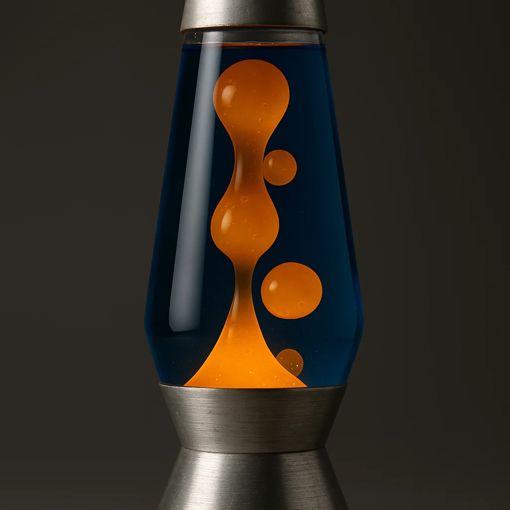 Close-up of a 1960s Crestworth Astro lamp, showing the turned aluminium base and original glass vessel with amber wax in blue fluid