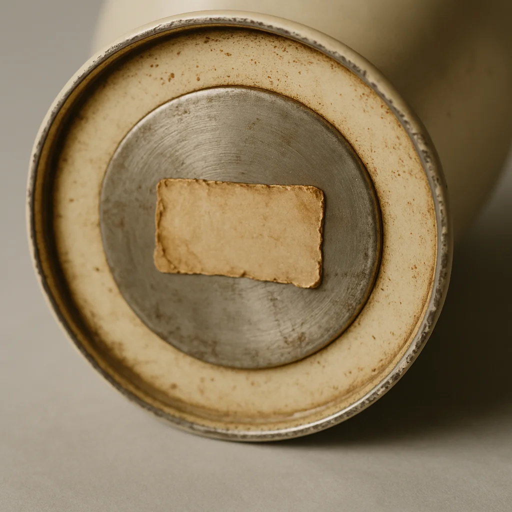 Close-up of underside label from a late-1960s Crestworth Astro lamp, showing batch code location and original typeface