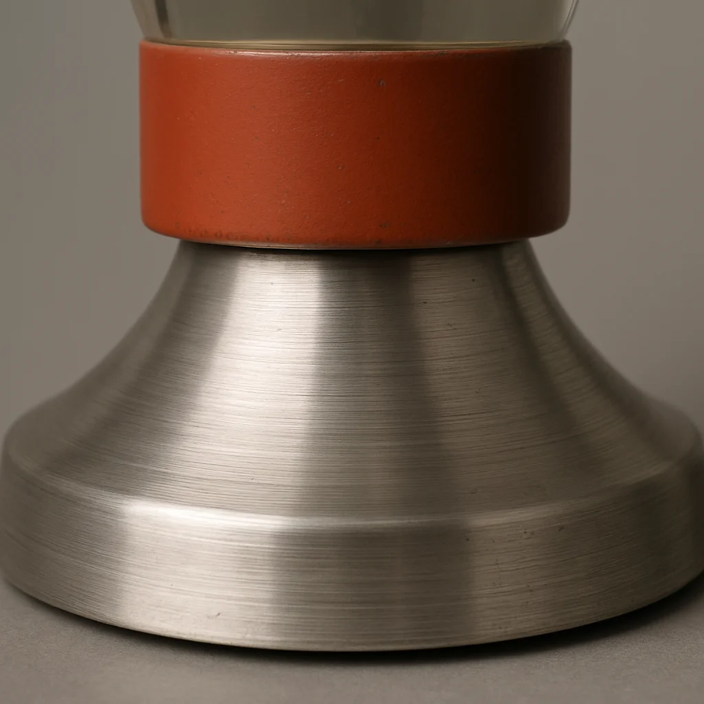 Close-up of a 1960s Crestworth Astro lamp base showing the turned aluminium foot and original colour-coded cap