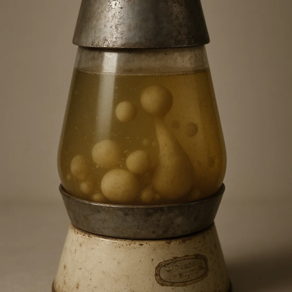A close-up of an unrestored 1960s Astro lamp showing original cap patina, clouded fluid, and intact base label — illustrating the kind of period detail worth preserving before restoration begins